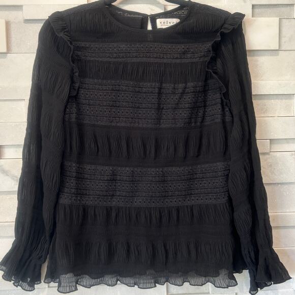 VELVET BY SPENCER & GRAHAM ANTHRO Sheer Lined Ruffle Lace Poet Lng Sleeve Top XS - Picture 1 of 6